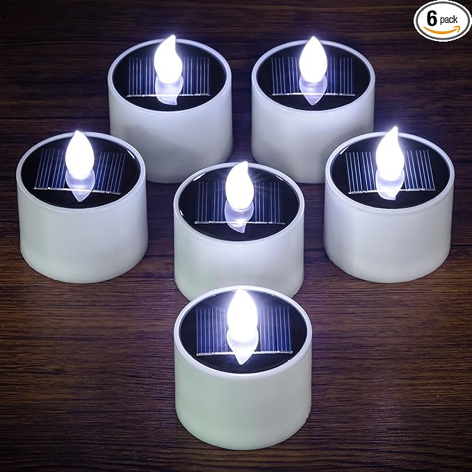 6 Pack Cool White Solar Powered Flameless Tealights, Rechargeable Outdoor Waterproof LED Flickering Electric Solar Tea Light Candles Flicker Fake LED Votive Candle Bulk for Outside Decorations