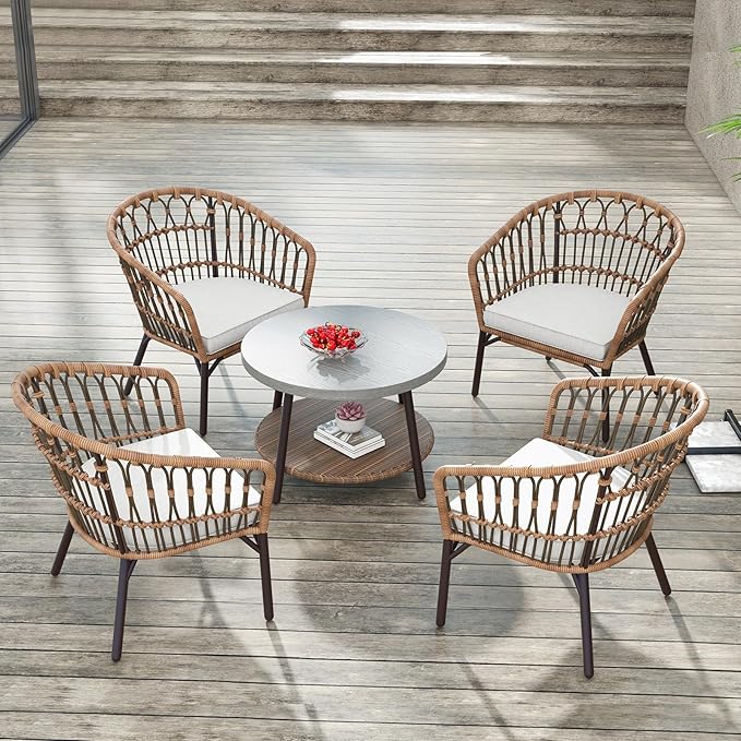 Grand patio 5-Piece Patio Conversation Sets with Cushion, Outdoor Bistro Set with Wicker Chairs & Round Table for Balcony, Patio, Deck, Tan