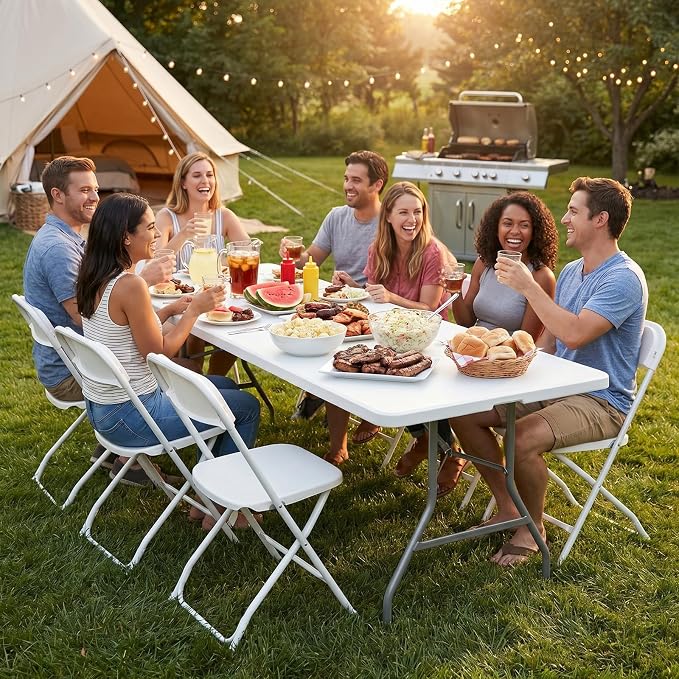 DUMOS 8 Feet Folding Picnic Table, Plastic Table with Carrying Handle, Heavy Duty Portable Table for Camping Party, White