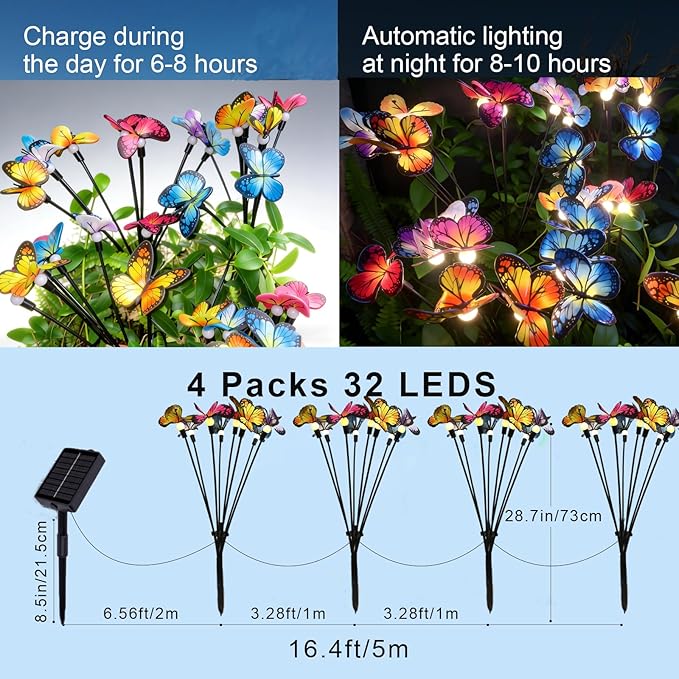 Solar Butterfly Ligths Outdoor 4 Pack 32LED Solar Power Garden Lights Firefly Butterfly Swaying Light 8 Modes Realistic Butterflies Decor for Yard Outside landscaping Patio Pathway Decorations, Warm