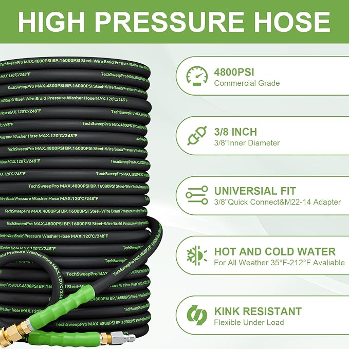 3/8" 4800PSI Pressure washer hose 25ft for cold and hot water Max 248°F with 3/8"quick connect Kink resistant Steel Wire Braided Power Washer Hose with M22 14mm Adapter,Green