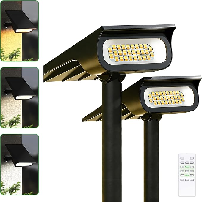 intelamp Solar Spot Lights Outdoor Waterproof, 4000mAh 3 Color LED Spotlight with Remote Timer Adjustable Brightness for House Wall Trees Flags Pools Yard Decor