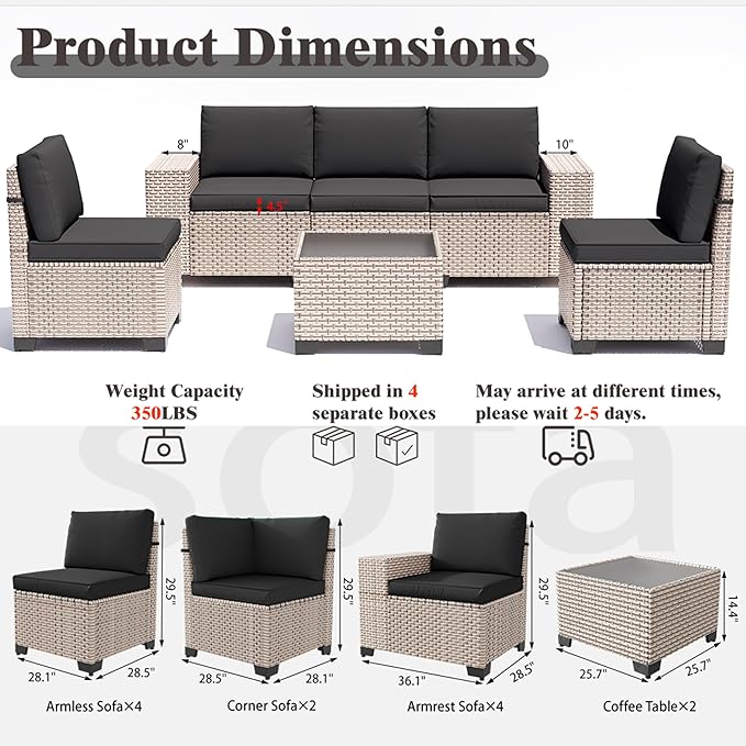 12 Pieces Patio Furniture Set, Outdoor Sectional Wicker Sofa with Thickened Cushions and Coffee Table, High Back Rattan Patio Conversation Sets for Garden Backyard, Black