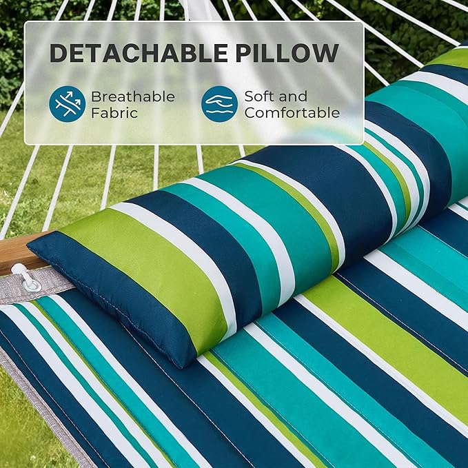SUPERJARE Curved-Bar Hammock with Stand, 2 Person Heavy Duty Hammock Frame, Detachable Pillow & Portable Carrying Bag, Perfect for Outdoor & Indoor, Blue-Green Stripe
