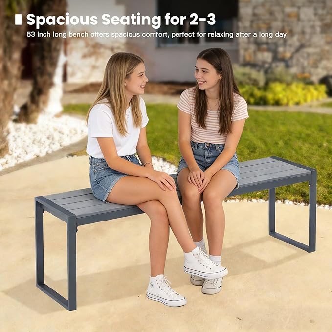 3 Pieces Outdoor Dining Set, 63" Patio Dining Table with 2 Outdoor Backless Benches Metal Frame & Faux Wood Seat for Garden Lawn Backyard, Grey