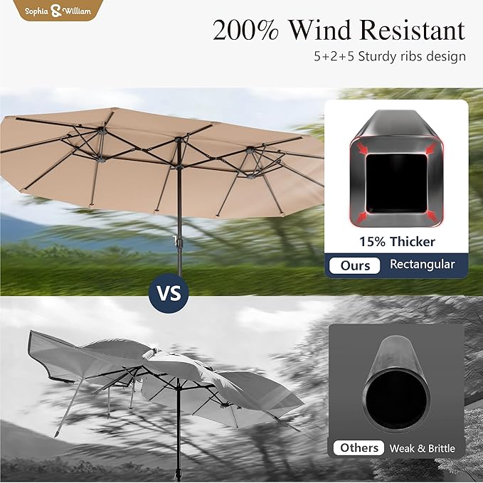 Sophia & William 15ft Extra Large Patio Umbrella with Base Included, 2-Tier Double-Sided Rectangle Outdoor Umbrella with Stand, Market Umbrella for Pool Garden Backyard, Beige&Tan