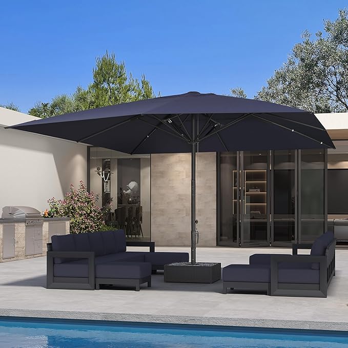 PURPLE LEAF 16' x 16' Square Semi-Auto Outdoor Patio Umbrella Aluminium Market Umbrella Table Sun Umbrella with 3.15" Rod and 8 Sturdy Ribs for Deck Lawn Pool Garden, Navy Blue