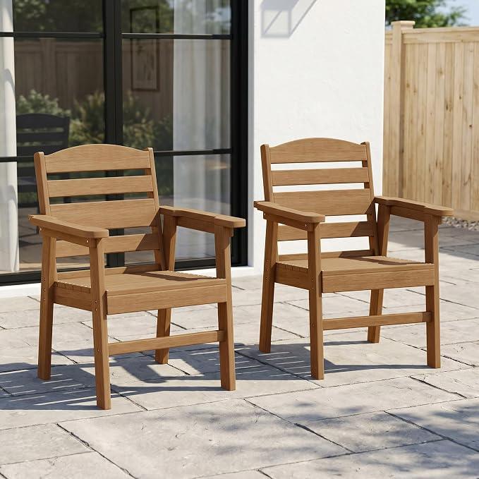 HDPE Outdoor Dining Chairs Set of 2 | Weather Resistant Patio Stackable Chairs for Garden, Backyard, Lawn and Poolside, Teak