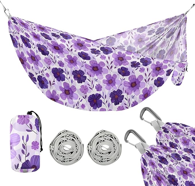 Camping Hammock Outdoor Hammocks for Outside Purple Flower Beach Trees Portable Lightweight with Pockets Tree Straps Indoor Small