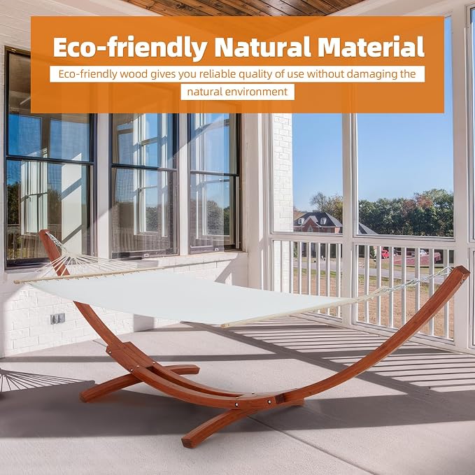 ECOTOUGE 13 FT Wooden Hammock with Stand, Outdoor Double Hammock with Wood Stand 2 Person Heavy Duty Hammock and Stand for Outside Backyard, Balcony, Porch, Patio, Garden, 550 lbs Capacity, White
