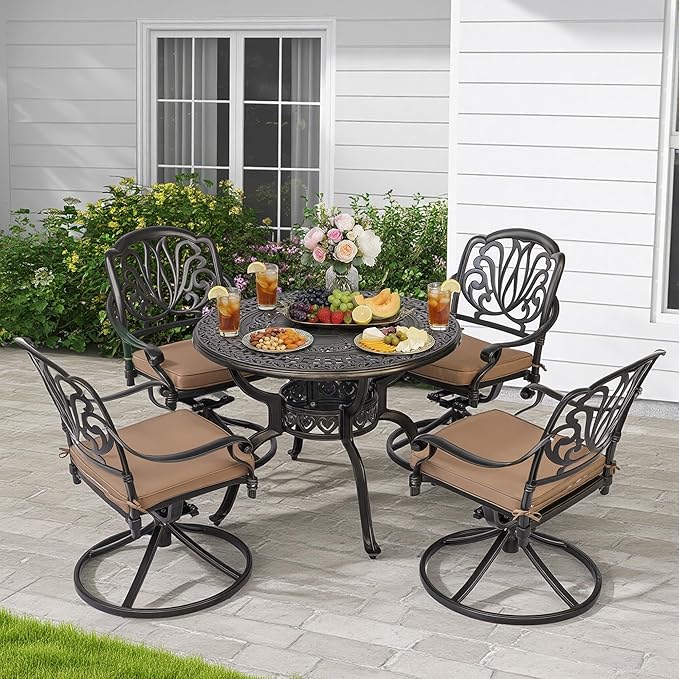 5-Piece Cast Aluminum Outdoor Patio Dining Set, All Weather Cast Aluminum Outdoor Furniture Dining Set for Patio, Balcony, Garden, Backyard w/4 Swivel Chairs & Cushions, 2.0" Umbrella Hole
