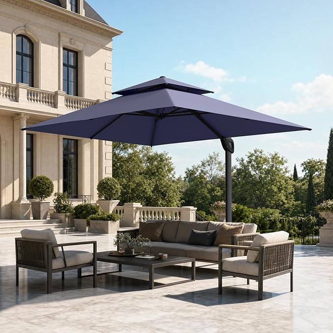 PHI VILLA 9' x 12' Rectangular Cantilever Patio Umbrella with Hydraulic Lift & 360° Rotation – Heavy Duty Windproof Offset Umbrella for Pool, Deck or Garden, Navy Blue