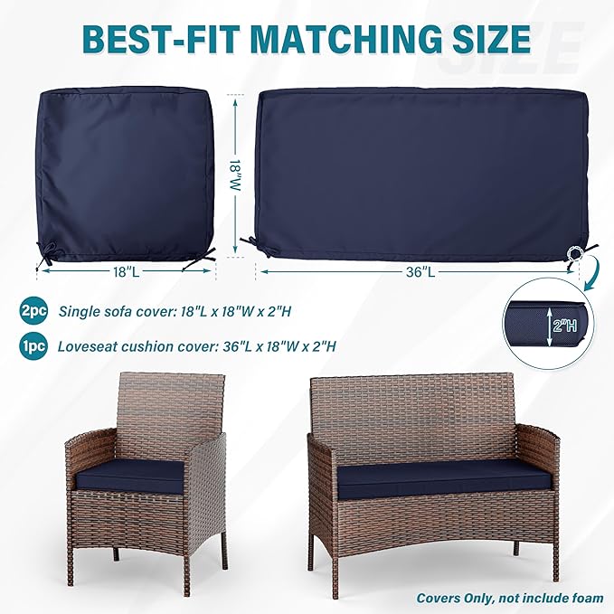 3 Pack of Outdoor Seat Cushion Replacement Set Suitable for 4 Pieces of Wicker Rattan Furniture Terrace Guest Set Sofa Chair (36x18x2, 18x18x2), Only Cover