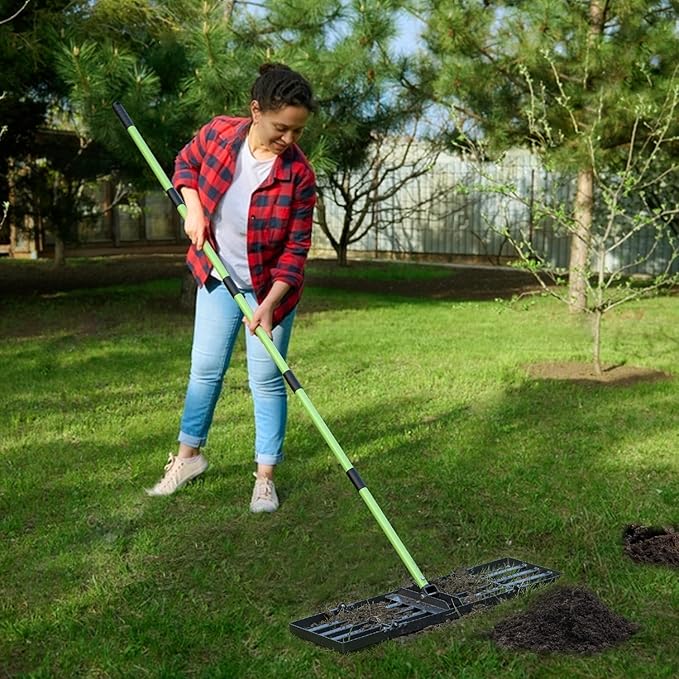 HUZSV Lawn Leveling Rake 30x10 inch,Stainless Steel Lawn Leveler with Green Positioning Stakes,78" Adjustable Long Handle,Heavy Duty Level Lawn Tool for Backyard, Garden, Golf Course, Farm, Pasture