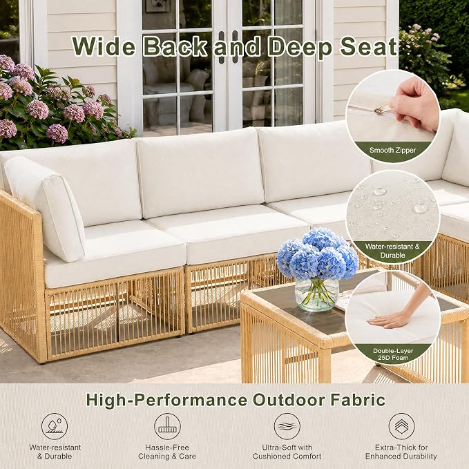 7 Piece Outdoor Patio Furniture Set, Wicker Sectional Sofa,Thick Cushions, All Weather Rattan Conversation Sets with Arm Chairs and Coffee Table for Backyard, Porch, Balcony, Deck, Garden