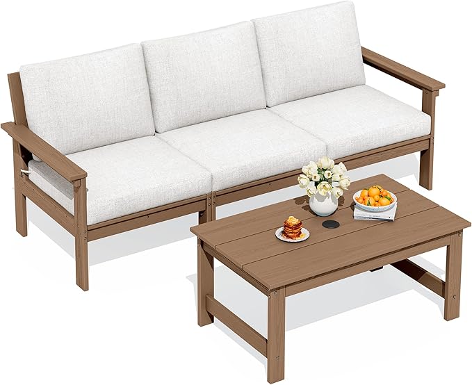 SERWALL HDPE Patio Sofa Set, 4-piece Sectional Outdoor Furniture Set, All Weather Outdoor Couch Set Patio Furniture Set for Deck, Lawn, Brown Frame with Khaki Cushion
