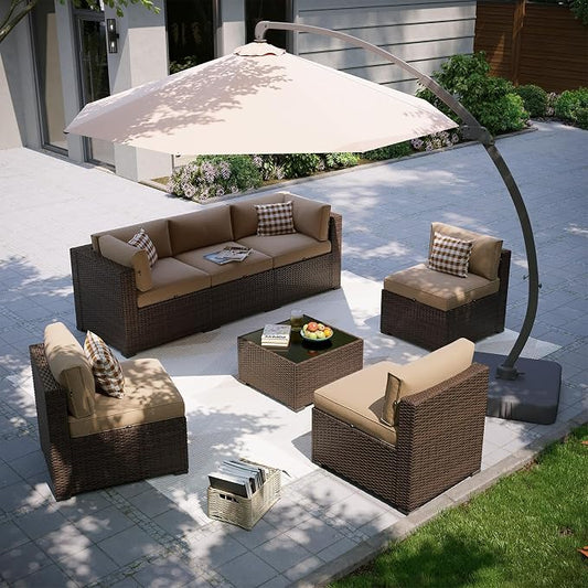 Aoxun Patio Furniture Set with Umbrella, 8 Piece Outdoor Sectional Sofas, Wicker Outdoor Furniture with Thickened Cushion for Backyard, Garden (Brown Rattan Beige Cushions)