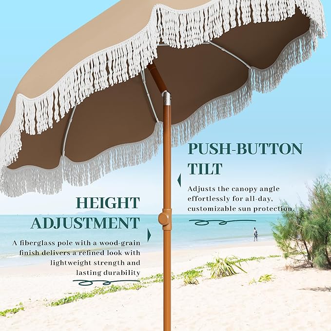 AreShark 7ft Patio Umbrella with Fringe, UPF50+ Beach Umbrella for Table, Pool & Garden, Portable Outdoor Tassels Umbrella w/Fiberglass Ribs&Push Bottom Tilt(Beige)