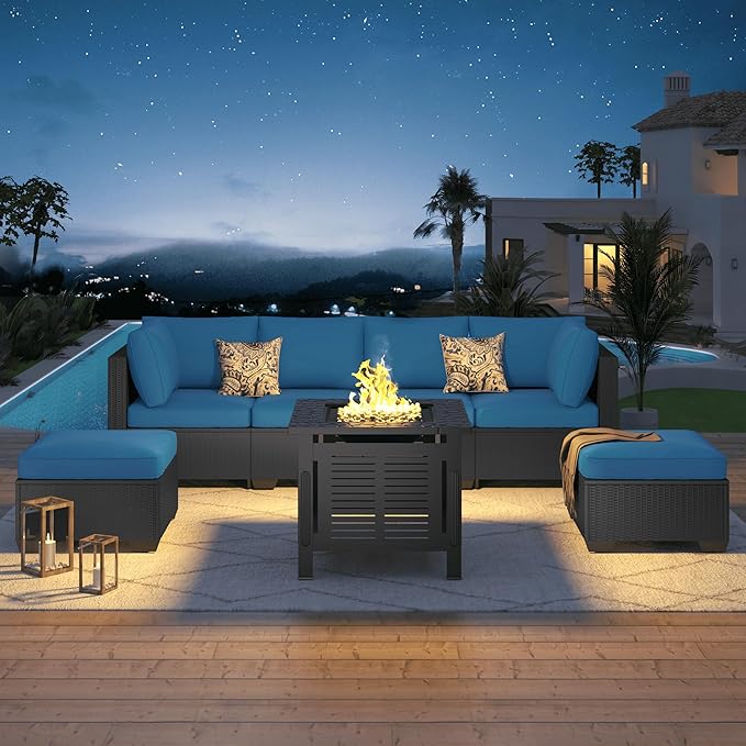 U-MAX 8 Piece Outdoor Patio Furniture Set with 30 Inch Fire Pit Table, PE Rattan Wicker Sofa Set, Outdoor Sectional Furniture Set with Cushions and Tea Table, Black Rattan and Peacock Blue Cushion