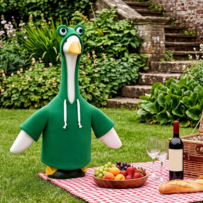 Frog Porch Goose Outfit for 23" Cement Plastic Goose Clothes Green Costume with Horns for 23" Geese Statue Decoration Patio Yard Garden Lawn Outdoor Decors