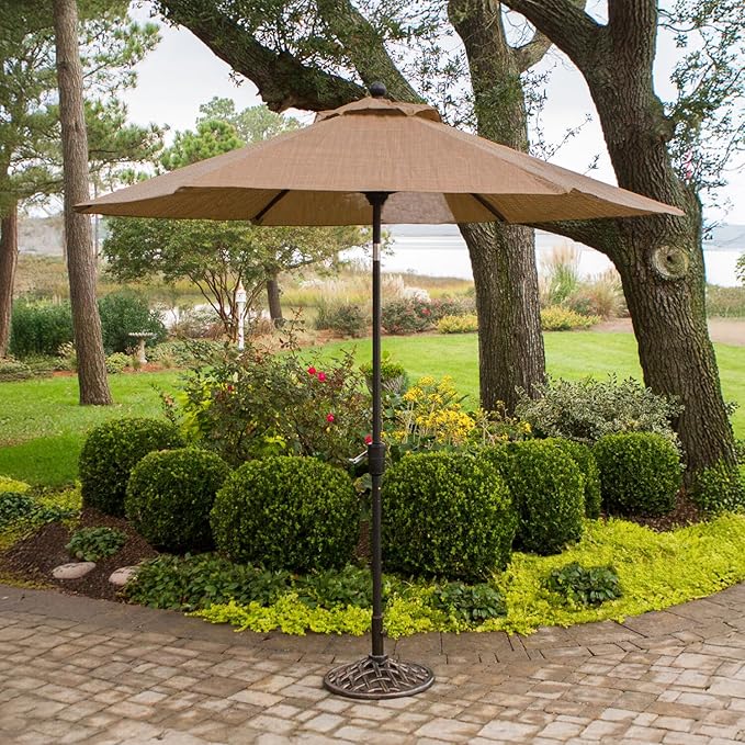 Hanover Montclair 9' Market Outdoor Umbrella, All-Weather, Crank Lever, Tan