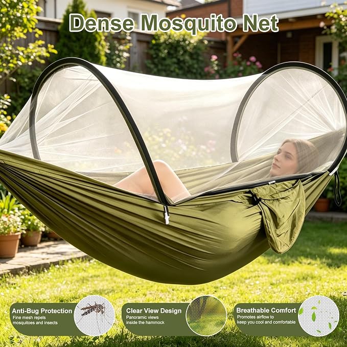 Camping Hammock with Mosquito Net, 3 in 1 Portable Hammock Tent 440lbs Capacity Attached Storage Pocket Single Nylon Hammock Set for Outdoor Travel Camping Hiking Backpacking (Army Green)