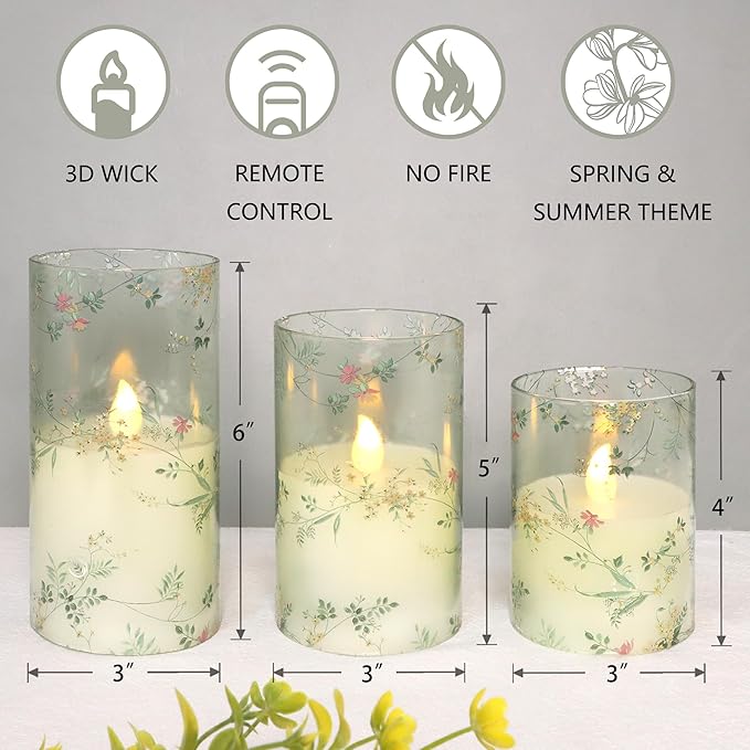 Glass Flameless Candles Flickering Battery Operated LED Pillar Candles Set of 3 with Timer and and 10-Key Remote Green Branch Floral Spring Summer Theme for Wedding Festival Home Decoration