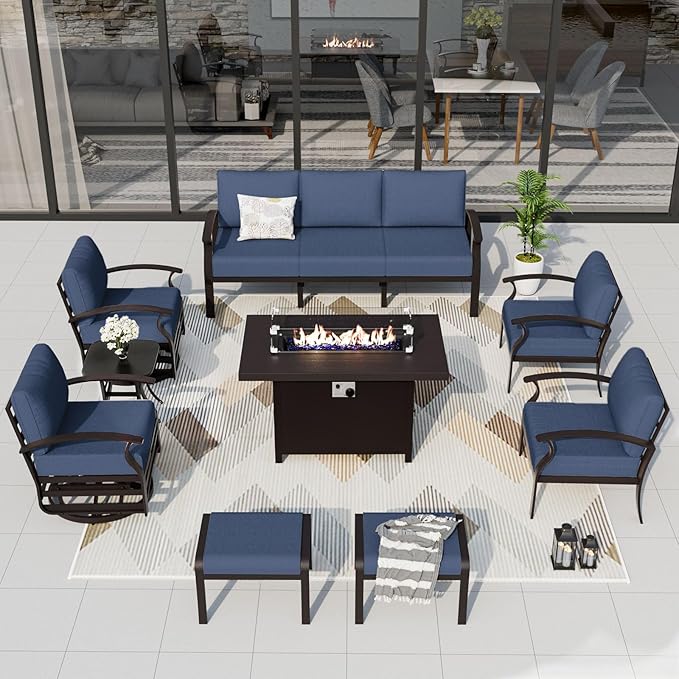 ALAULM Aluminum Patio Furniture Set with Propane Fire Pit Table 9-seat Metal Outdoor Furniture w/Swivel Chairs Patio Sectional Sofas w/2 Ottomans for Porch, Backyard, Poolside-Dark Blue