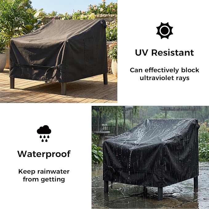 Dntorx 2 Pack Waterproof Patio Chair Covers, 37W x 40D x 30H Inches Durable Patio Furniture Covers with 1 Handbag for Lounge Deep Seat, Adjustable Waist Belt & Windproof & Breathable(Black)