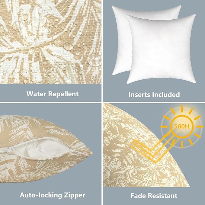 LVTXIII Outdoor Pillows 20x20 Inch, 2 Pack Large Decorative Square Throw Pillows with Inserts for Couch, Bed, Floor Seating, Patio Furniture, Tropical Leaf Oat