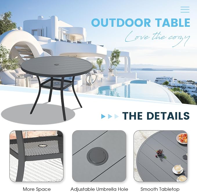 5 Pieces Outdoor Patio Dining Set, 40.6" All Weather Round Metal Table with Umbrella Hole and Storage Shelf, 4 High Back Textilene Swivel Chairs for Garden, Lawn, Grey