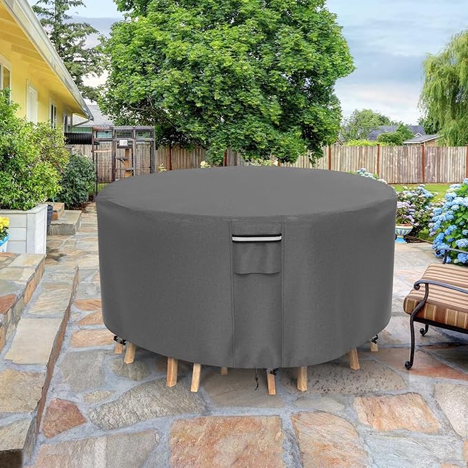 Round Patio Furniture Covers, 500D Heavy Duty Waterproof UV Resistant Cover for Round Outdoor Dining Table & Chairs,48" Dia x 28" H -Gray