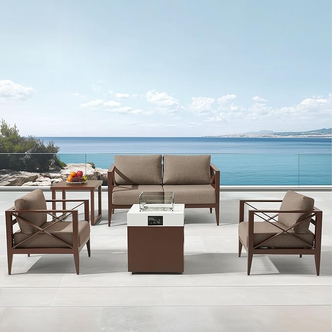 MBY Outdoor Aluminum Patio Furniture Set, 4-Seats Patio Conversation Sofa Set with 37,000 BTU Fire Pit Table w/Glass Wind Guard, All Weather for Pool, Garden-Brown
