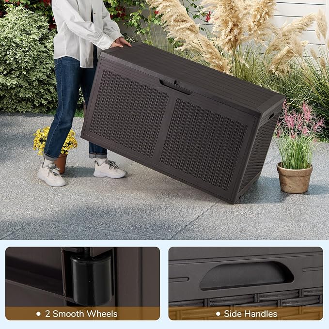 Moccha 100-Gallon Outdoor Storage Box - Waterproof Resin Deck Box with Lockable Lid & Wheels, Faux Rattan Outdoor Storage Bench for Pool Accessories, Garden Tool, Patio Furniture Cushion (Brown)