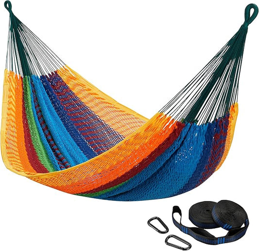 CHULIM Handwoven Mayan Hammock with 10ft Tree Straps, 550lbs Capacity Soft Rope Double Hammock, Portable Outdoor Hammock with Carry Bag for Camping Backyard Beach - Multi Color
