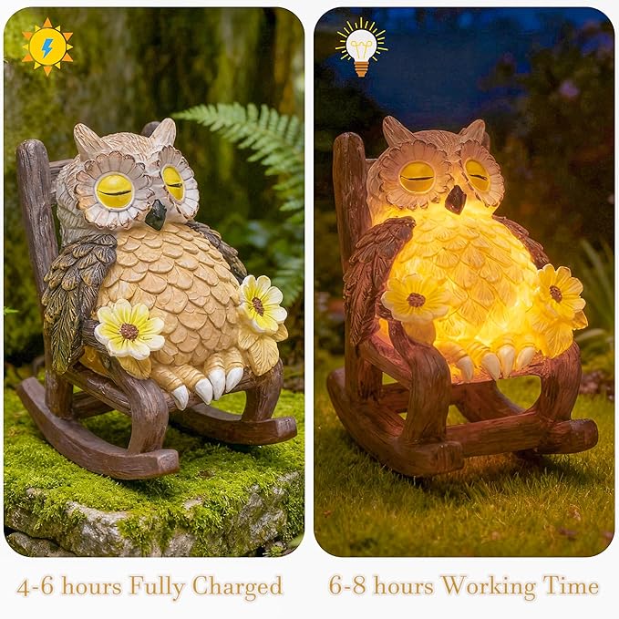 LIULO TOOL Garden Gift for Mom Grandma, LED Solar Owl on Chair Patio Sculpture, Cute Outdoor Fairy Garden Housewarming Decor Figurine 6x4.5x3.3 in