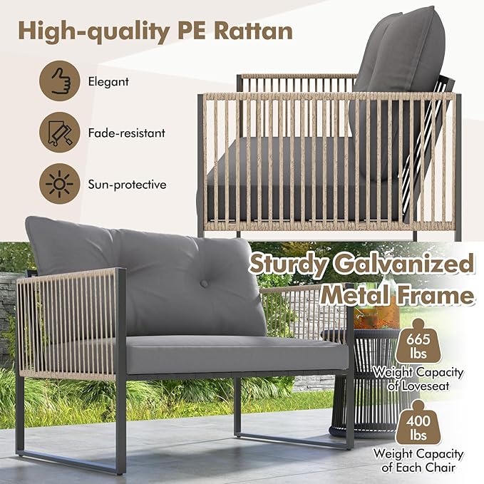 Tangkula 4 Pieces Patio Furniture Set, Outdoor PE Rattan Conversation Sofa Set with Thick Cushions and 2-Tier Tempered Glass Coffee Table for Garden, Porch, Balcony and Backyard (Grey,1)