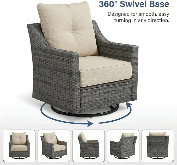 6-Piece Outdoor Patio Furniture Set, Grey Wicker Conversation Set with 4 Swivel Chairs and 2 Side Tables, 6-Inch Beige Cushions for Porch, Deck, Backyard
