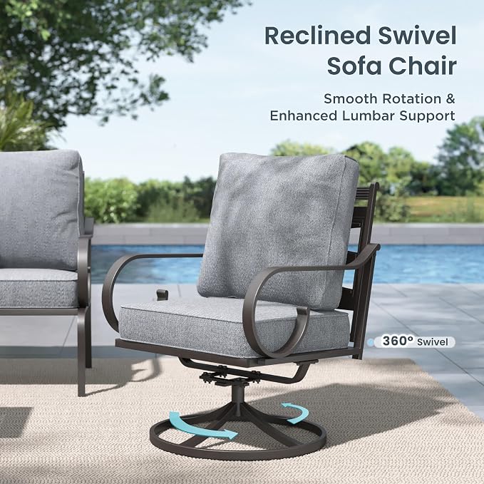 PHI VILLA Patio Furniture Set, 1 Loveseat, 3-Seater Sofa, 2 Swivel Chairs and a Coffee Table, Outdoor Metal Conversation Set with 5.75" Extra Thick Cushion for Garden Backyard Deck, Grey