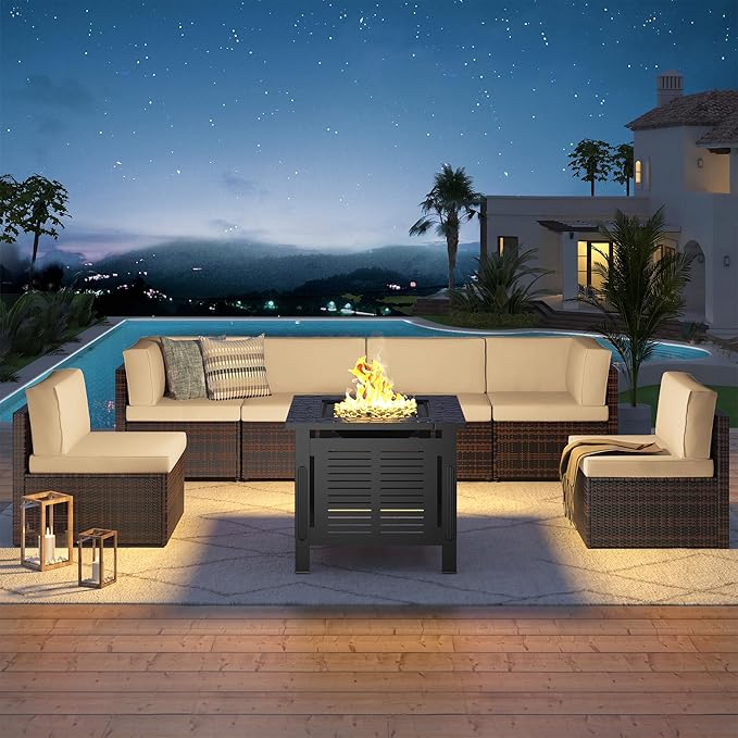 U-MAX 7 Piece Outdoor Patio Furniture Set with 30 Inch Fire Pit Table, PE Rattan Wicker Sofa Set, Outdoor Sectional Furniture Chair Set with Cushions and Tea Table, Brown Rattan&Beige Cushion