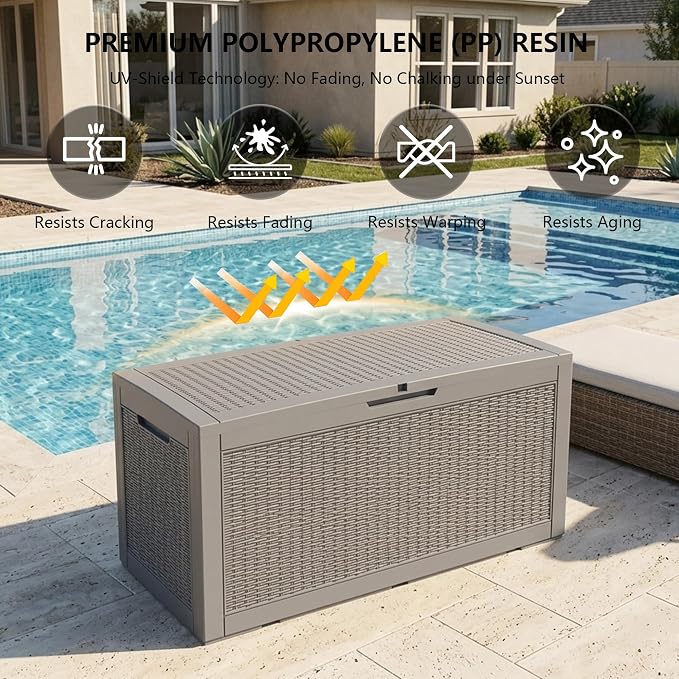 Outdoor Storage Box, 110 Gallon Waterproof Deck Box [Upgraded 3.0], Auto-Open Gas Struts Resin Organizer for Lounger Pillows, Secure Lockable Backyard Storage Bench, Poolside Deck, Grey