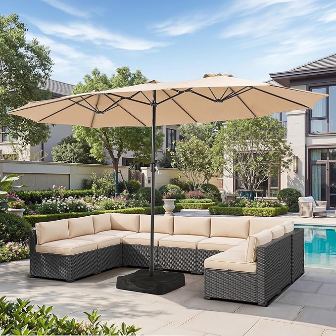 Aoxun 15ft Patio Umbrella with Base Included, Outdoor Double-Sided Rectangular Umbrella with Crank Handle & Ventilation, Large Standing Umbrella for Pool, Deck, Lawn, Backyard & Beach