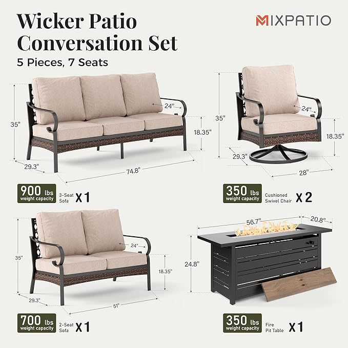 Patio Furniture Set with Fire Pit Table, Metal Outdoor Conversation Set with 5.75'' Extra Thick Cushion, 2 Swivel Chairs, Loveseat Sofa, 3-Seat Sofa and Gas Fire Pit Table, Beige