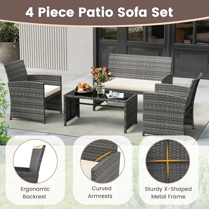 HAPPYGRILL 4 Piece Rattan Wicker Patio Conversation Set, Outdoor Furniture with Chair Loveseat Table & Cushion, for Backyard Porch Balcony (1, Off White)