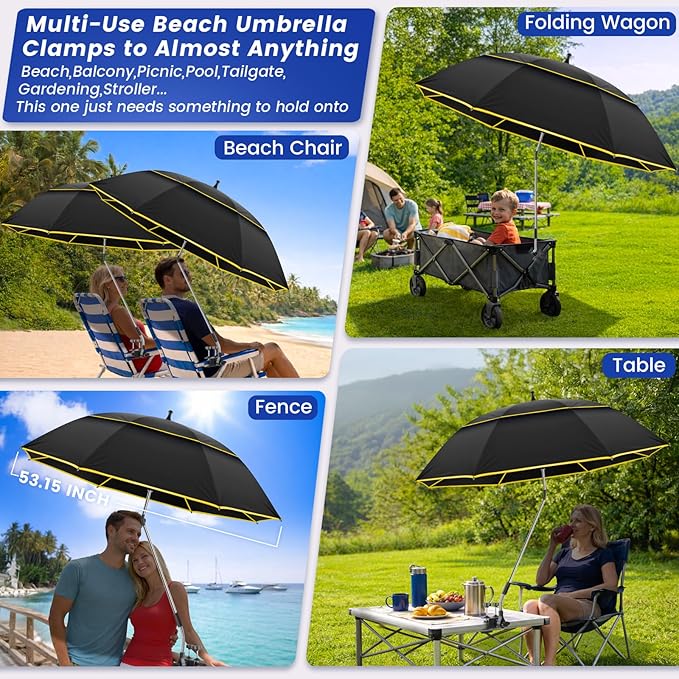 Chair Umbrella with Clamp,2PACK 53 inches Double Canopy Beach Chair Umbrella with Universal Clamp,50+ UV Protection,360° Swivel,Folding Clip on Sun Umbrellas for Table,Camping,Bench Chairs,Golf Cart