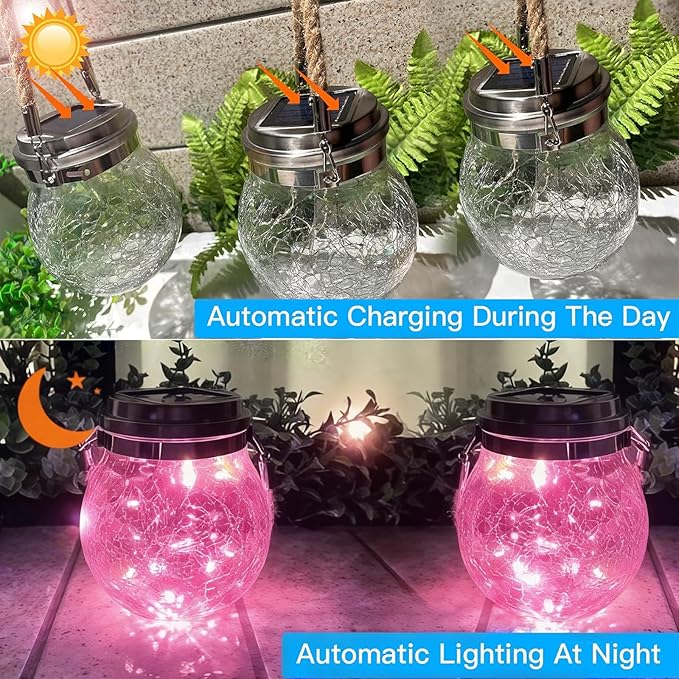 Hanging Outdoor Solar Lights,VGE 2 Pack 30LED Cracked Glass Ball Decorative Lights,Solar Powered Waterproof Landscape Lights with Handle for Tree Yard Garden Patio Fence Holiday Decor(Pingk)