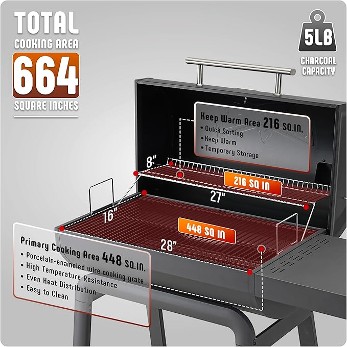 Feasto Heavy-Duty 30-Inch Charcoal Grill with Side Table & 647 Sq. In Cooking Area, Outdoor BBQ Grill for Outdoor Barbecue in Backyard, Patio and Parties, Grey