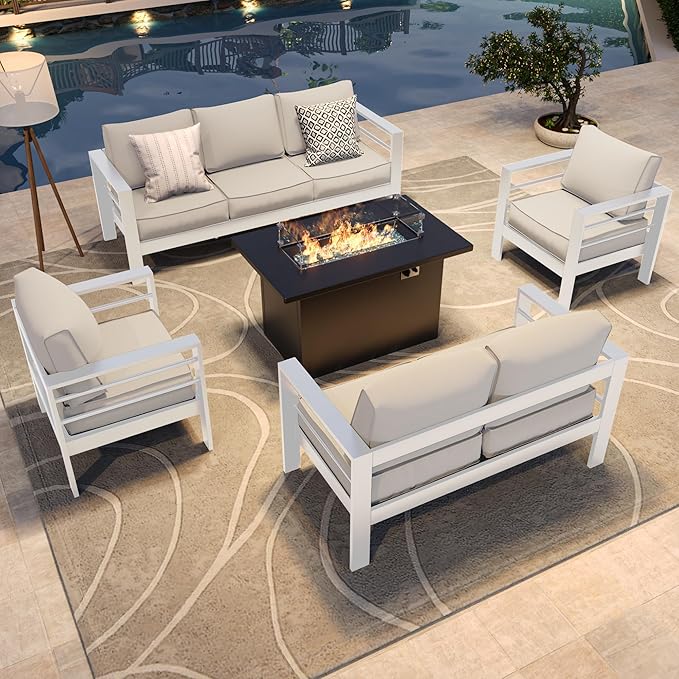 Amopatio Patio Furniture with Fire Pit, 8 Pcs Aluminum Outdoor Metal Patio Sofa Sets with Aluminum Fire Pit Table,White(Included Waterproof Covers)