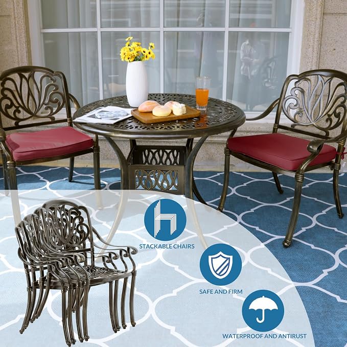 MEETWARM 3 Piece Patio Bistro Set, Outdoor All-Weather Cast Aluminum Dining Furniture Set Includes 2 Cushioned Chairs and a 35.4” Round Table with Umbrella Hole for Garden Deck, Chili Red