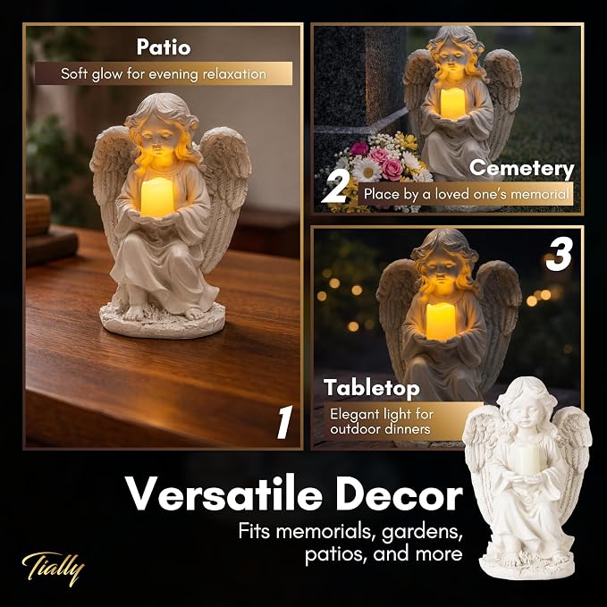 Solar Angel Garden Statue with Candle, 12" Guardian Memorial Outdoor Light | Bright all-night warm candle glow, true-to-size 12in, weatherproof resin built to last - no dim lights or dead battery
